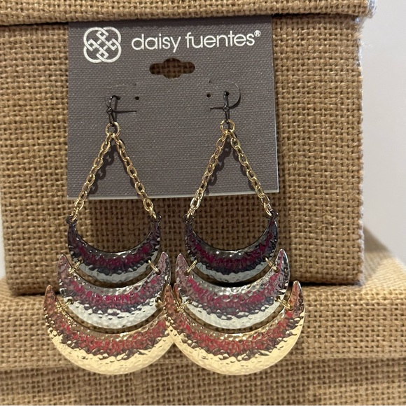 NWT Daisy Fuentes Earrings big tri-color triple crescent hammered dangles - Picture 2 of 6